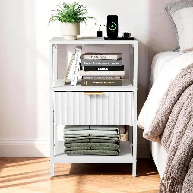 Alt view image 7 of 7 - Fluted Nightstand, Fabric Dresser with 2 Drawers and 1 Shelf, Bedside Table/End Table with Charging Station, Nightstand for Bedroom, Livingroom, College Dorm, White