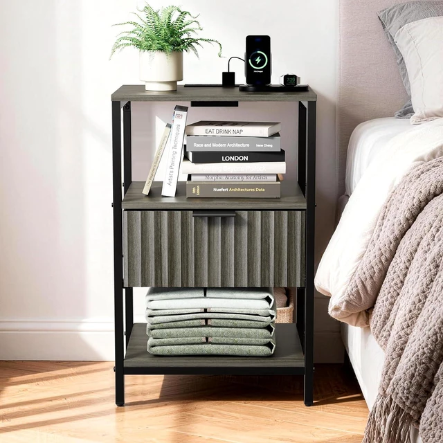 Alt view image 7 of 7 - Fluted Nightstand, Fabric Dresser with 2 Drawers and 1 Shelf, Bedside Table/End Table with Charging Station, Nightstand for Bedroom, Livingroom, College Dorm, Grey