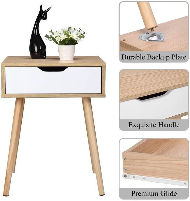 Alt view image 4 of 7 - Wood Nightstands Set of 2, End Side Table with Spacious Drawer & Solid Wood Legs, Small Nightstands for Livingroom, Bedroom, Dorm