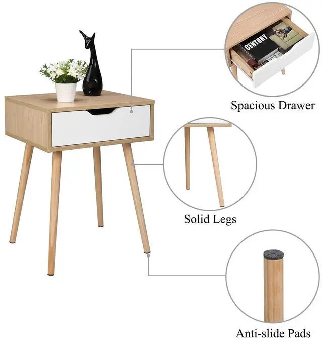 Alt view image 5 of 7 - Wood Nightstands Set of 2, End Side Table with Spacious Drawer & Solid Wood Legs, Small Nightstands for Livingroom, Bedroom, Dorm