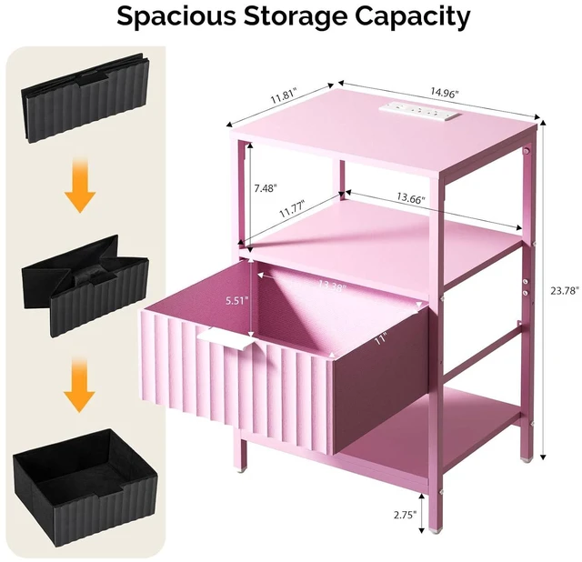 Alt view image 3 of 7 - Fluted Nightstand Set of 2, Fabric Dresser with 2 Drawers and 1 Shelf, Bedside Table/End Table with Charging Station, Nightstand for Bedroom, Livingroom, College Dorm, Pink