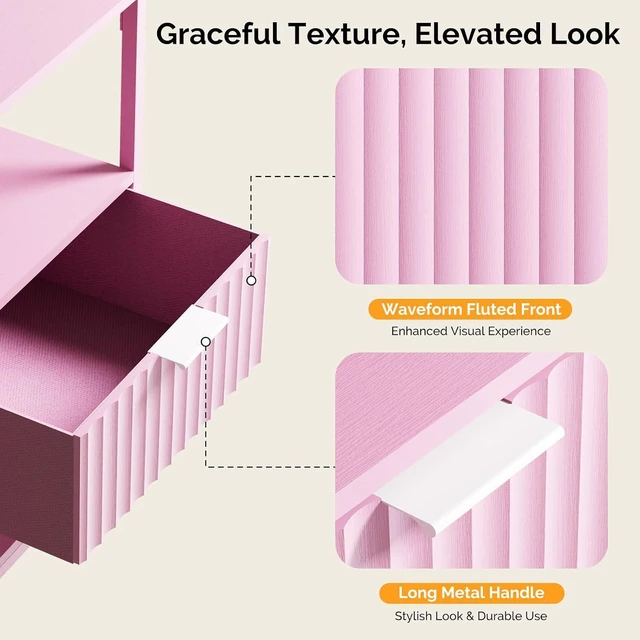 Alt view image 4 of 7 - Fluted Nightstand Set of 2, Fabric Dresser with 2 Drawers and 1 Shelf, Bedside Table/End Table with Charging Station, Nightstand for Bedroom, Livingroom, College Dorm, Pink
