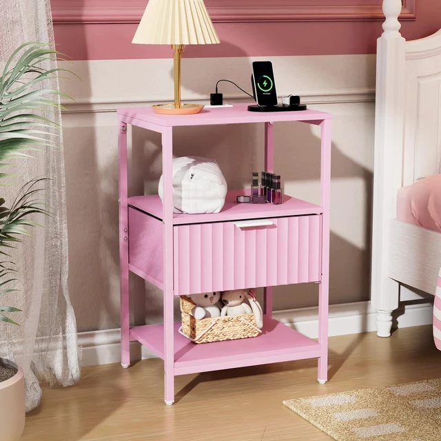 Alt view image 2 of 7 - Fluted Nightstand Set of 2, Fabric Dresser with 2 Drawers and 1 Shelf, Bedside Table/End Table with Charging Station, Nightstand for Bedroom, Livingroom, College Dorm, Pink