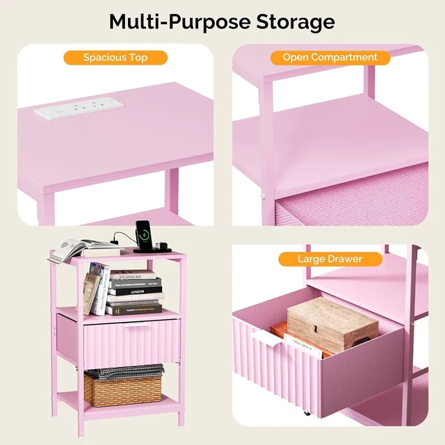 Alt view image 6 of 7 - Fluted Nightstand Set of 2, Fabric Dresser with 2 Drawers and 1 Shelf, Bedside Table/End Table with Charging Station, Nightstand for Bedroom, Livingroom, College Dorm, Pink