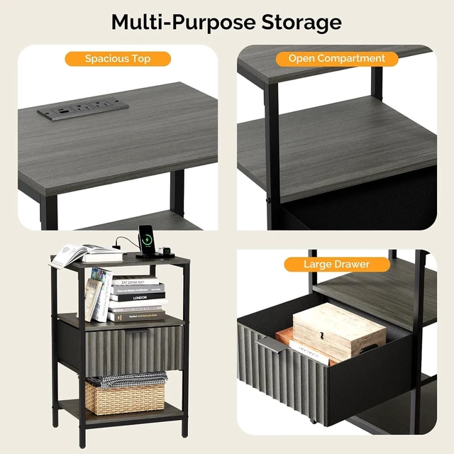 Alt view image 5 of 7 - Fluted Nightstand, Fabric Dresser with 2 Drawers and 1 Shelf, Bedside Table/End Table with Charging Station, Nightstand for Bedroom, Livingroom, College Dorm, Grey