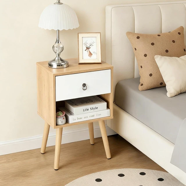 Alt view image 2 of 7 - Nightstand Set of 2, Modern Bedside Table with Drawer Open Shelf, End Table with Solid Wood Legs for Bedroom, Oak