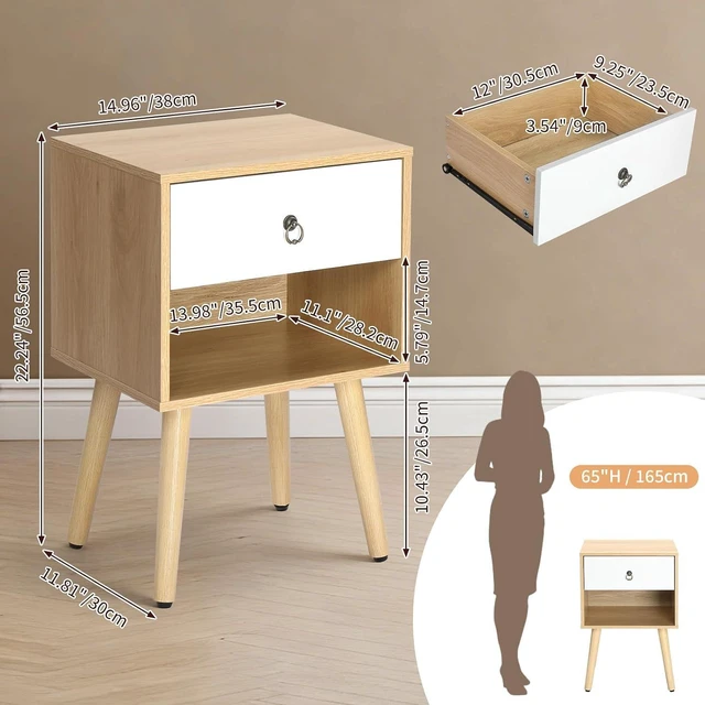 Alt view image 3 of 7 - Nightstand Set of 2, Modern Bedside Table with Drawer Open Shelf, End Table with Solid Wood Legs for Bedroom, Oak