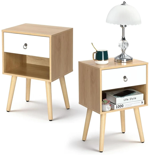Main image of Nightstand Set of 2, Modern Bedside Table with Drawer Open Shelf, End Table with Solid Wood Legs for Bedroom, Oak