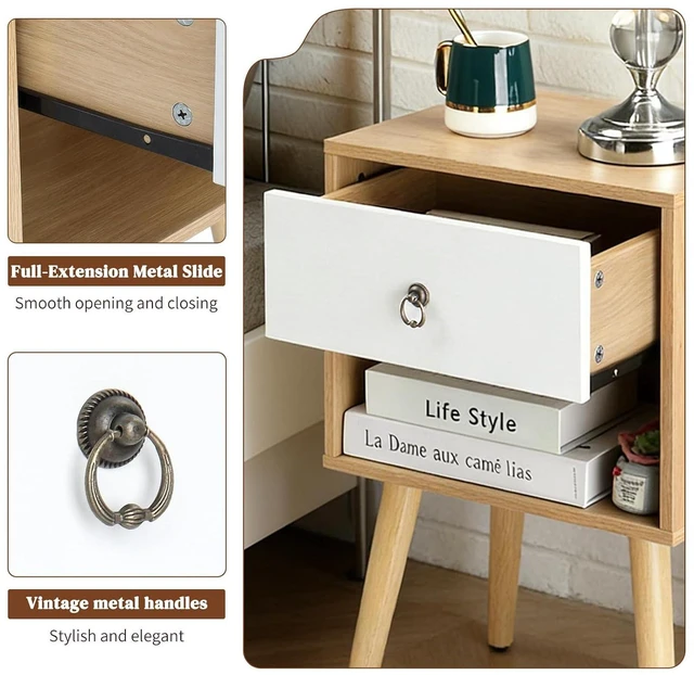 Alt view image 4 of 7 - Nightstand Set of 2, Modern Bedside Table with Drawer Open Shelf, End Table with Solid Wood Legs for Bedroom, Oak