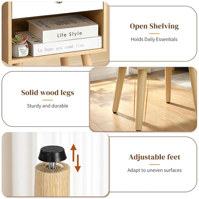 Alt view image 5 of 7 - Nightstand Set of 2, Modern Bedside Table with Drawer Open Shelf, End Table with Solid Wood Legs for Bedroom, Oak