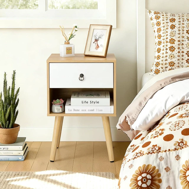Alt view image 6 of 7 - Nightstand Set of 2, Modern Bedside Table with Drawer Open Shelf, End Table with Solid Wood Legs for Bedroom, Oak