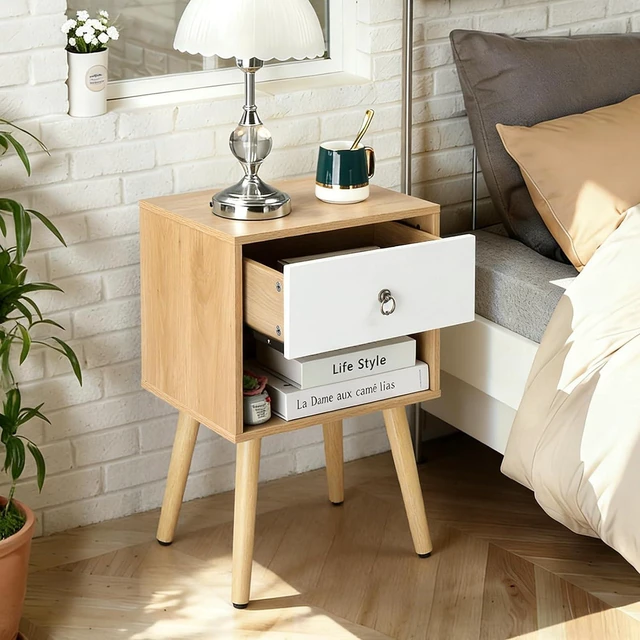 Alt view image 7 of 7 - Nightstand Set of 2, Modern Bedside Table with Drawer Open Shelf, End Table with Solid Wood Legs for Bedroom, Oak