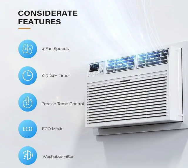 Alt view image 3 of 7 - 10000 BTU Through the Wall Air Conditioner with Heat, Wall AC Unit Works with Alexa/Google Assistant & Easy Install Kit & Cools up to 450 sq. ft. for Living Room, Bedroom, Kitchen, 230V/60Hz