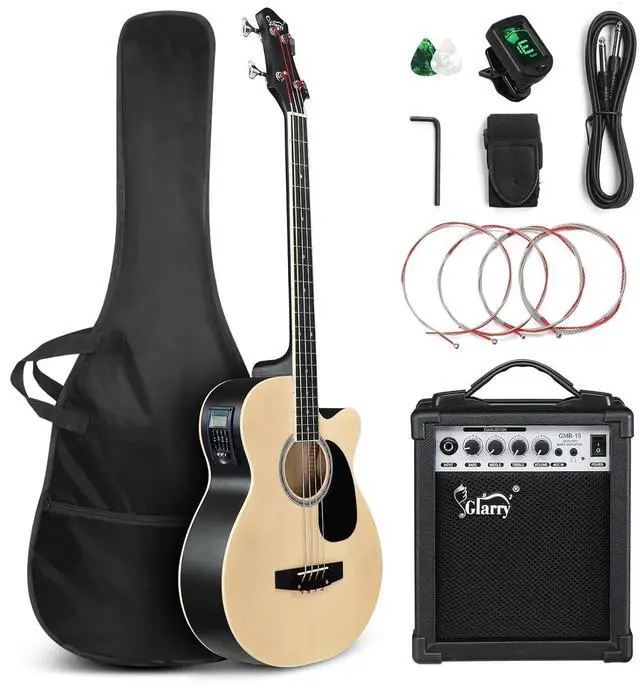 Main image of Full Size Acoustic Electric Bass Guitar Beginner Kit w/ 15W Amp, Cutaway 4 Strings Electric Acoustic Bass Guitar w/Inbuilt Tuner, Bag, Strap, Picks, Strings, Bass GuitarraMatte Natural
