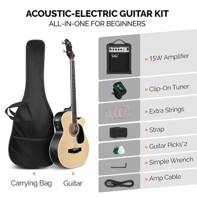 Alt view image 2 of 7 - Full Size Acoustic Electric Bass Guitar Beginner Kit w/ 15W Amp, Cutaway 4 Strings Electric Acoustic Bass Guitar w/Inbuilt Tuner, Bag, Strap, Picks, Strings, Bass GuitarraMatte Natural