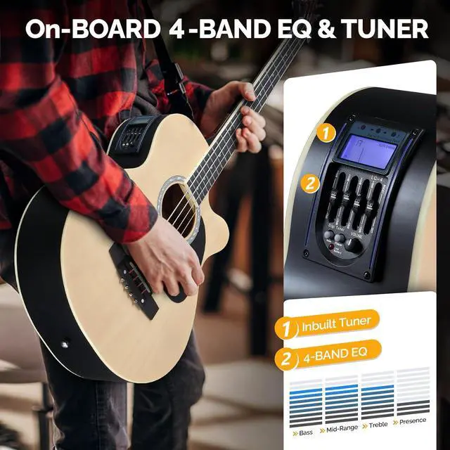 Alt view image 3 of 7 - Full Size Acoustic Electric Bass Guitar Beginner Kit w/ 15W Amp, Cutaway 4 Strings Electric Acoustic Bass Guitar w/Inbuilt Tuner, Bag, Strap, Picks, Strings, Bass GuitarraMatte Natural