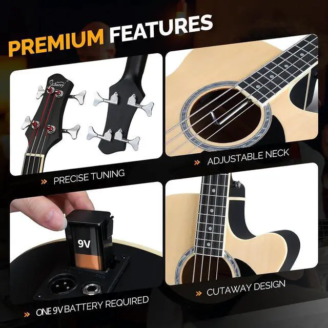 Alt view image 5 of 7 - Full Size Acoustic Electric Bass Guitar Beginner Kit w/ 15W Amp, Cutaway 4 Strings Electric Acoustic Bass Guitar w/Inbuilt Tuner, Bag, Strap, Picks, Strings, Bass GuitarraMatte Natural