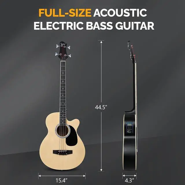 Alt view image 6 of 7 - Full Size Acoustic Electric Bass Guitar Beginner Kit w/ 15W Amp, Cutaway 4 Strings Electric Acoustic Bass Guitar w/Inbuilt Tuner, Bag, Strap, Picks, Strings, Bass GuitarraMatte Natural