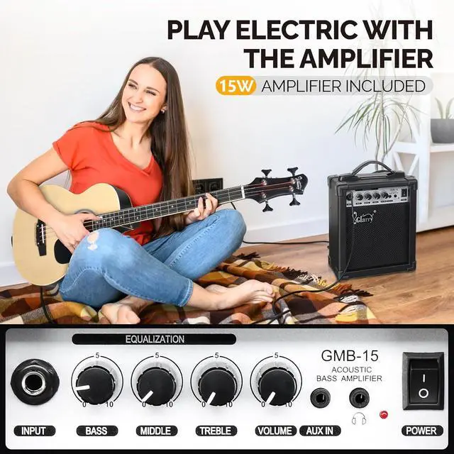 Alt view image 4 of 7 - Full Size Acoustic Electric Bass Guitar Beginner Kit w/ 15W Amp, Cutaway 4 Strings Electric Acoustic Bass Guitar w/Inbuilt Tuner, Bag, Strap, Picks, Strings, Bass GuitarraMatte Natural