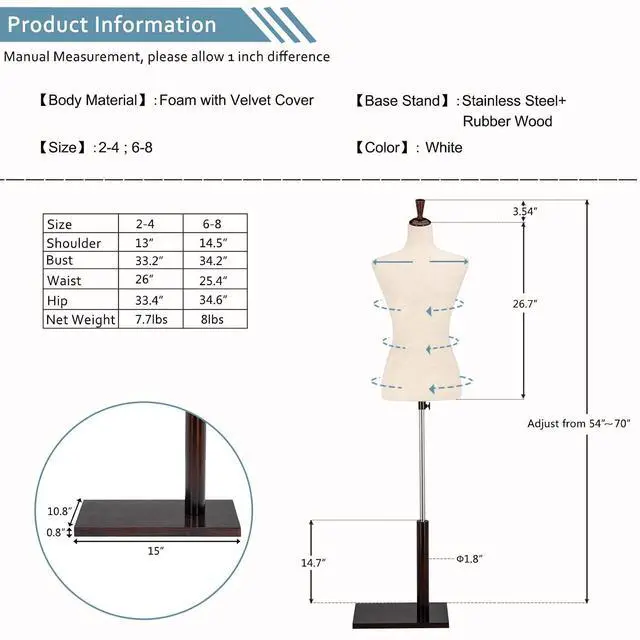 Alt view image 3 of 7 - Female Dress Form, Mannequin Torso Body with Adjustable Wood Stand for Dress Display Clothes Design, Pinnable Manikin (White, 6-8)