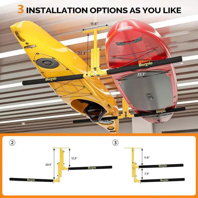 Alt view image 2 of 7 - Kayak Ceiling Storage Rack, Overhead Garage Storage Hanger, Adjustable Heavy Duty Garage Ceiling Storage Rack, 250 lbs Capacity for 2 Kayaks