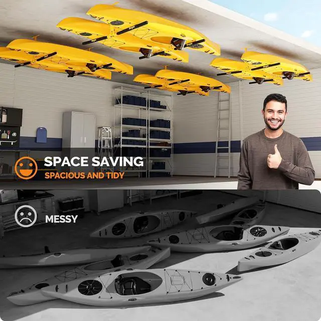 Alt view image 3 of 7 - Kayak Ceiling Storage Rack, Overhead Garage Storage Hanger, Adjustable Heavy Duty Garage Ceiling Storage Rack, 250 lbs Capacity for 2 Kayaks