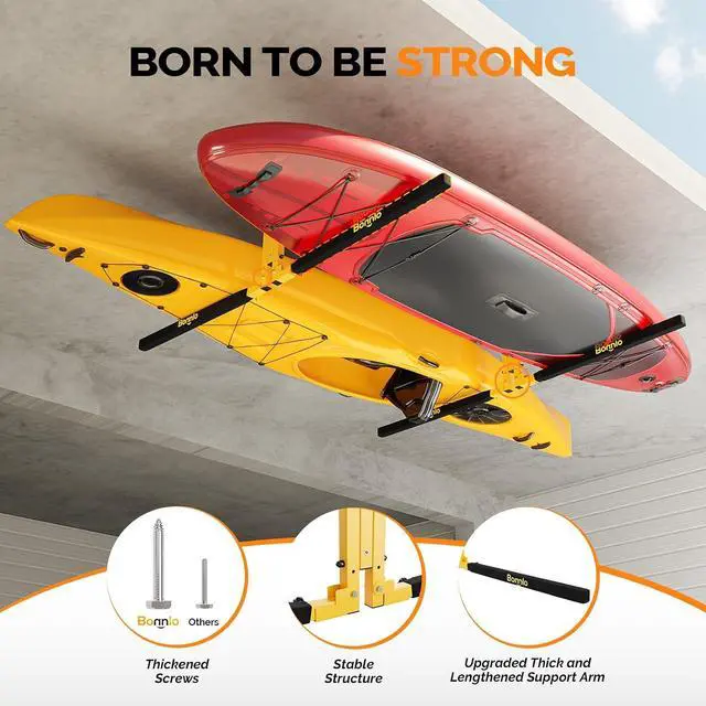 Alt view image 4 of 7 - Kayak Ceiling Storage Rack, Overhead Garage Storage Hanger, Adjustable Heavy Duty Garage Ceiling Storage Rack, 250 lbs Capacity for 2 Kayaks