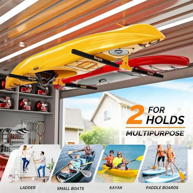 Alt view image 5 of 7 - Kayak Ceiling Storage Rack, Overhead Garage Storage Hanger, Adjustable Heavy Duty Garage Ceiling Storage Rack, 250 lbs Capacity for 2 Kayaks