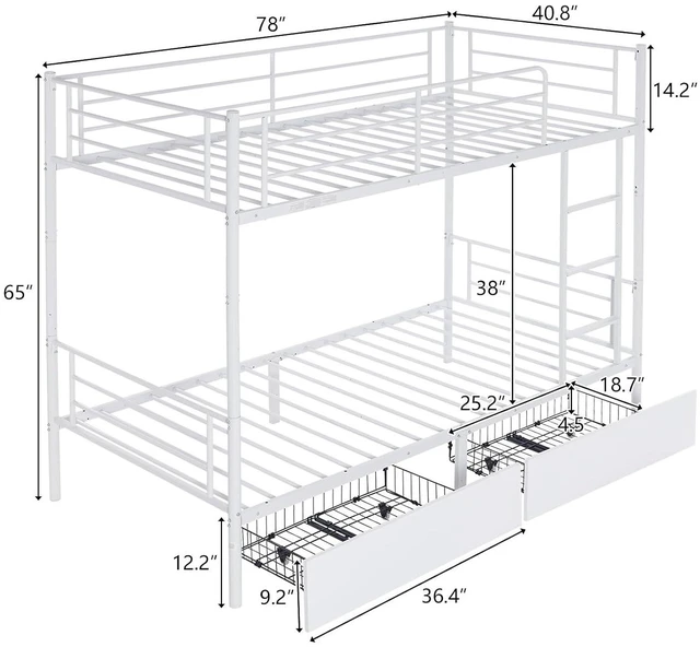 Alt view image 2 of 7 - 2 in 1 Convertible Twin Over Twin Metal Bunk Bed with 2 Storage Drawers, Full-Length Guardrail, Safe Ladder, Headboard & Footboard, No Box Spring Needed, for Kids Children Adults, White