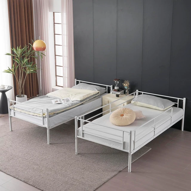 Alt view image 3 of 7 - 2 in 1 Convertible Twin Over Twin Metal Bunk Bed with 2 Storage Drawers, Full-Length Guardrail, Safe Ladder, Headboard & Footboard, No Box Spring Needed, for Kids Children Adults, White
