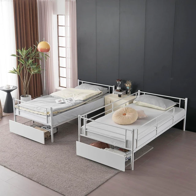 Alt view image 4 of 7 - 2 in 1 Convertible Twin Over Twin Metal Bunk Bed with 2 Storage Drawers, Full-Length Guardrail, Safe Ladder, Headboard & Footboard, No Box Spring Needed, for Kids Children Adults, White