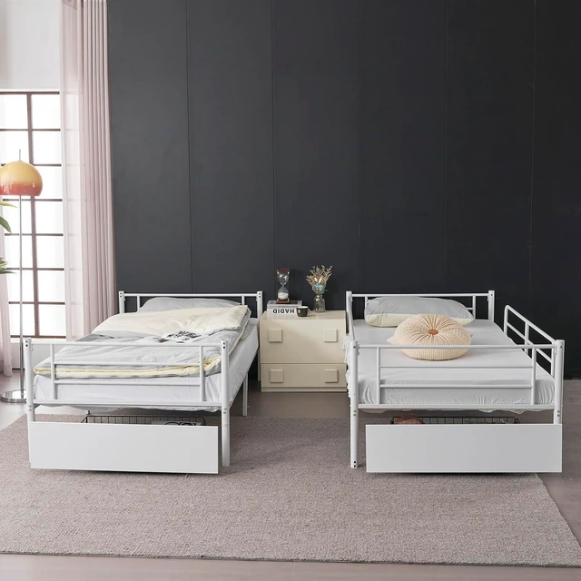 Alt view image 6 of 7 - 2 in 1 Convertible Twin Over Twin Metal Bunk Bed with 2 Storage Drawers, Full-Length Guardrail, Safe Ladder, Headboard & Footboard, No Box Spring Needed, for Kids Children Adults, White