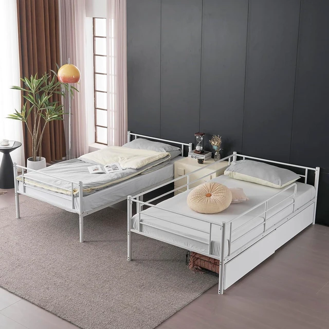 Alt view image 5 of 7 - 2 in 1 Convertible Twin Over Twin Metal Bunk Bed with 2 Storage Drawers, Full-Length Guardrail, Safe Ladder, Headboard & Footboard, No Box Spring Needed, for Kids Children Adults, White