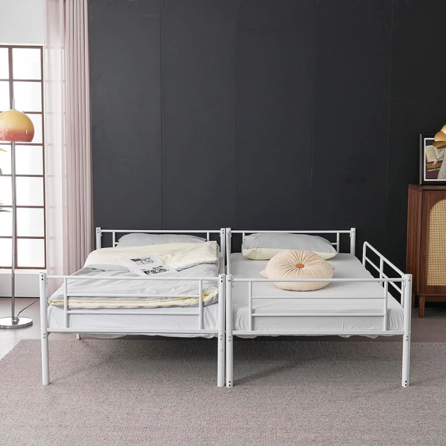 Alt view image 7 of 7 - 2 in 1 Convertible Twin Over Twin Metal Bunk Bed with 2 Storage Drawers, Full-Length Guardrail, Safe Ladder, Headboard & Footboard, No Box Spring Needed, for Kids Children Adults, White