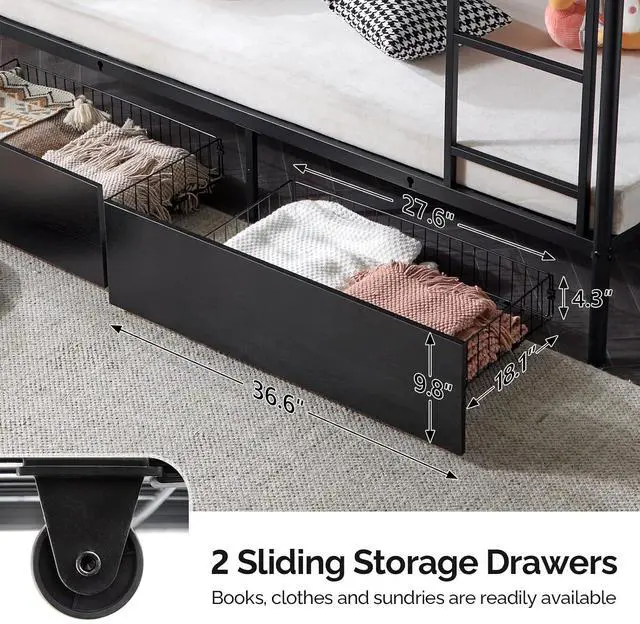 Alt view image 3 of 7 - Metal Bunk Bed Twin Over Twin with 2 Drawers, LED Lights and Charging Station, Heavy Duty Twin Bunk Bed with 13.4-Inch Guardrails, Non-Slip Ladder, No Box Spring Needed, Black