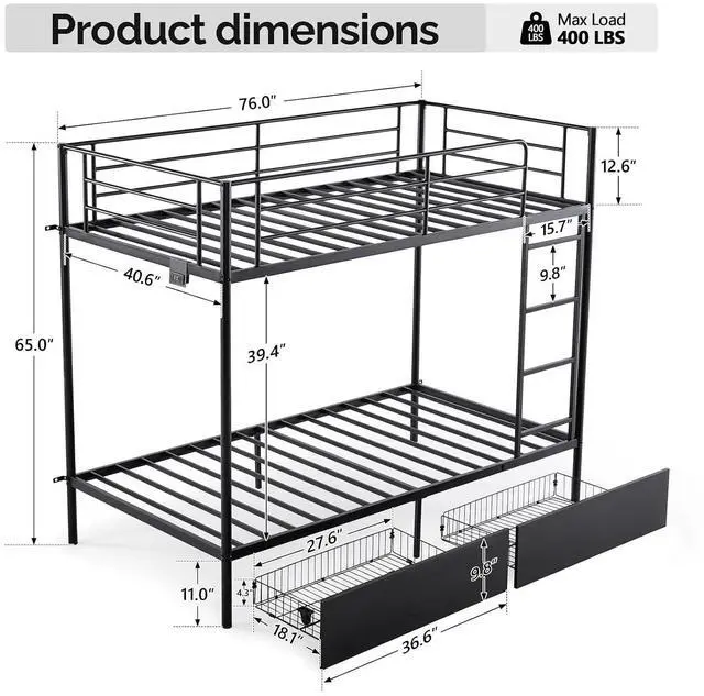 Alt view image 2 of 7 - Metal Bunk Bed Twin Over Twin with 2 Drawers, LED Lights and Charging Station, Heavy Duty Twin Bunk Bed with 13.4-Inch Guardrails, Non-Slip Ladder, No Box Spring Needed, Black