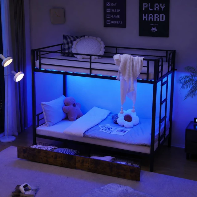 Main image of Metal Bunk Bed Twin Over Twin with 2 Drawers, LED Lights and Charging Station, Heavy Duty Twin Bunk Bed with 13.4-Inch Guardrails, Non-Slip Ladder, No Box Spring Needed, Black/Brown