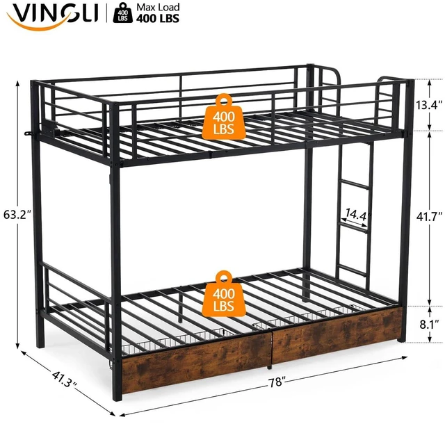 Alt view image 2 of 7 - Metal Bunk Bed Twin Over Twin with 2 Drawers, LED Lights and Charging Station, Heavy Duty Twin Bunk Bed with 13.4-Inch Guardrails, Non-Slip Ladder, No Box Spring Needed, Black/Brown