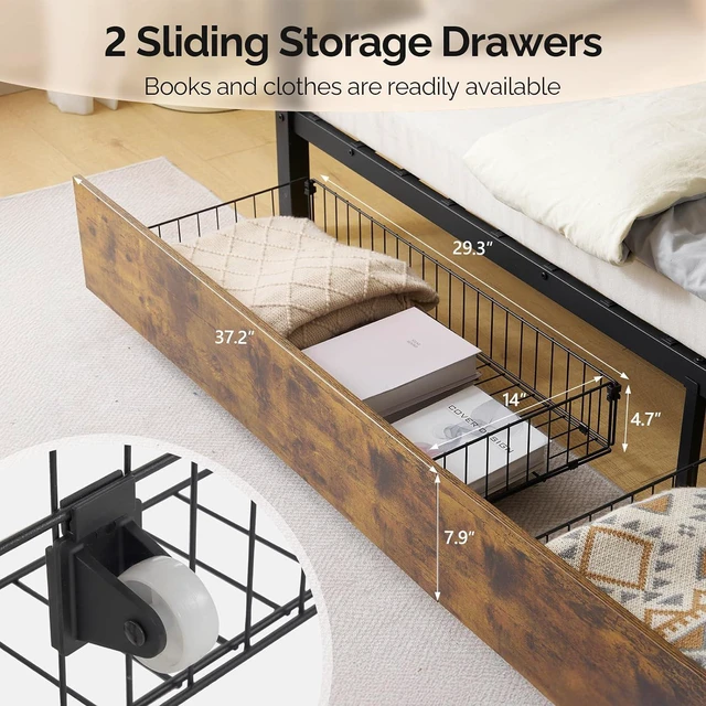 Alt view image 3 of 7 - Metal Bunk Bed Twin Over Twin with 2 Drawers, LED Lights and Charging Station, Heavy Duty Twin Bunk Bed with 13.4-Inch Guardrails, Non-Slip Ladder, No Box Spring Needed, Black/Brown