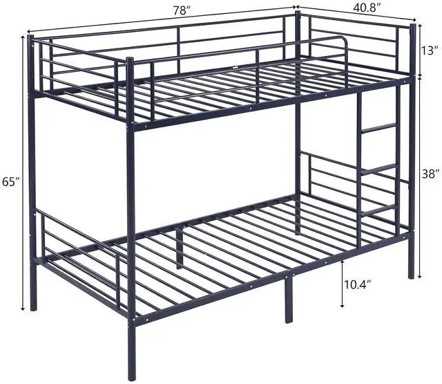 Alt view image 2 of 7 - Bunk Bed Twin Over Twin with 13 inches Tall Guardrail, Metal Twin Bunk Bed with Flat Rungs Design,No Boxing Spring Needed, Navy Blue