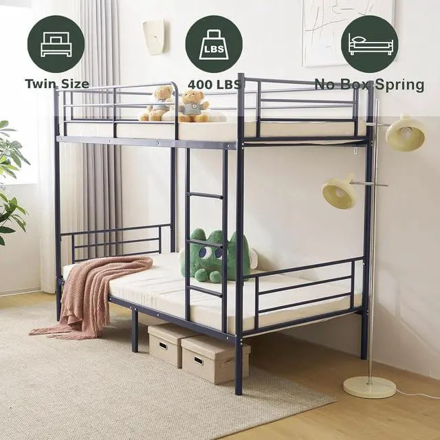 Alt view image 3 of 7 - Bunk Bed Twin Over Twin with 13 inches Tall Guardrail, Metal Twin Bunk Bed with Flat Rungs Design,No Boxing Spring Needed, Navy Blue