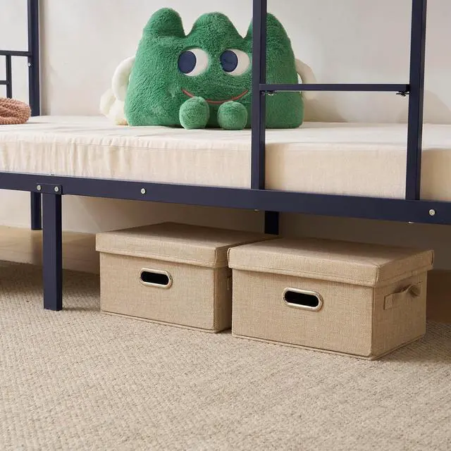 Alt view image 5 of 7 - Bunk Bed Twin Over Twin with 13 inches Tall Guardrail, Metal Twin Bunk Bed with Flat Rungs Design,No Boxing Spring Needed, Navy Blue