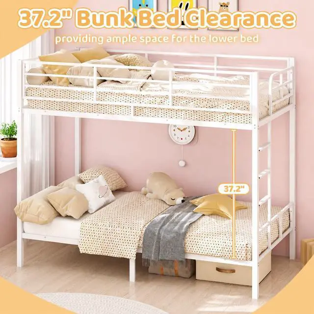 Alt view image 4 of 7 - Heavy Duty Twin Bunk Bed with 15-Inch Guardrails, Metal Bunk Bed Twin Over Twin, Reversible Side-Ladder Layout, Wide Flat Rungs, 10-Inch Underbed Storage, No Box Spring Needed, White