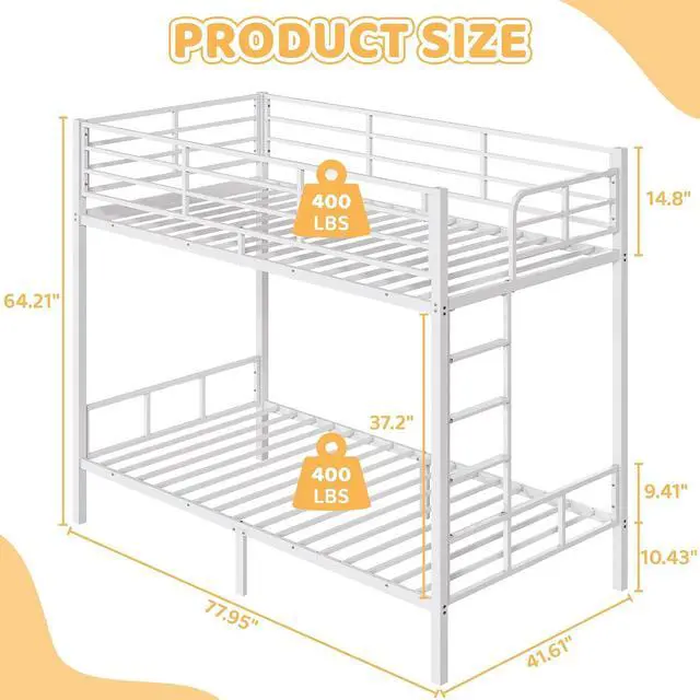 Alt view image 2 of 7 - Heavy Duty Twin Bunk Bed with 15-Inch Guardrails, Metal Bunk Bed Twin Over Twin, Reversible Side-Ladder Layout, Wide Flat Rungs, 10-Inch Underbed Storage, No Box Spring Needed, White