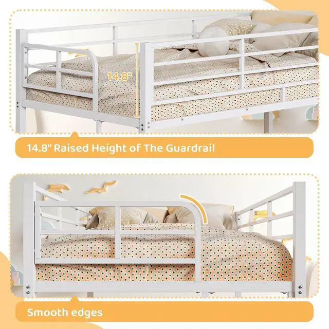 Alt view image 6 of 7 - Heavy Duty Twin Bunk Bed with 15-Inch Guardrails, Metal Bunk Bed Twin Over Twin, Reversible Side-Ladder Layout, Wide Flat Rungs, 10-Inch Underbed Storage, No Box Spring Needed, White