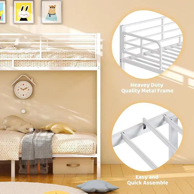 Alt view image 7 of 7 - Heavy Duty Twin Bunk Bed with 15-Inch Guardrails, Metal Bunk Bed Twin Over Twin, Reversible Side-Ladder Layout, Wide Flat Rungs, 10-Inch Underbed Storage, No Box Spring Needed, White