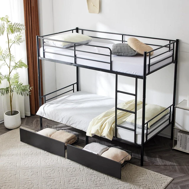 Main image of 2 in 1 Convertible Twin Over Twin Metal Bunk Bed with 2 Storage Drawers, Full-Length Guardrail, Safe Ladder, Headboard & Footboard, No Box Spring Needed, for Kids Children Adults, Black