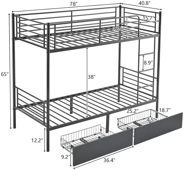 Alt view image 2 of 7 - 2 in 1 Convertible Twin Over Twin Metal Bunk Bed with 2 Storage Drawers, Full-Length Guardrail, Safe Ladder, Headboard & Footboard, No Box Spring Needed, for Kids Children Adults, Black