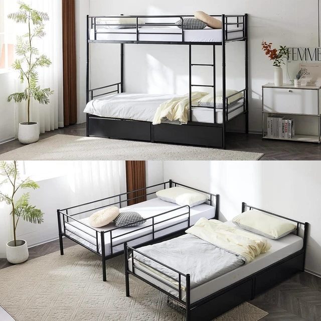 Alt view image 3 of 7 - 2 in 1 Convertible Twin Over Twin Metal Bunk Bed with 2 Storage Drawers, Full-Length Guardrail, Safe Ladder, Headboard & Footboard, No Box Spring Needed, for Kids Children Adults, Black