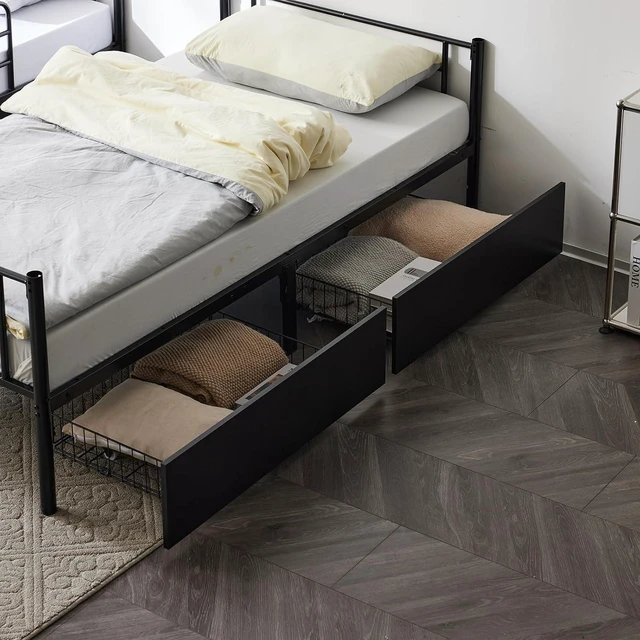Alt view image 5 of 7 - 2 in 1 Convertible Twin Over Twin Metal Bunk Bed with 2 Storage Drawers, Full-Length Guardrail, Safe Ladder, Headboard & Footboard, No Box Spring Needed, for Kids Children Adults, Black